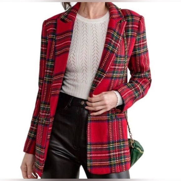 English Factory Red tartan plaid single button blazer jacket XS - Picture 1 of 6